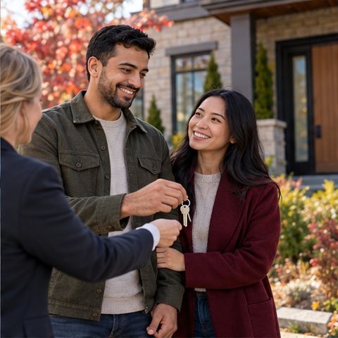 Couple receiving keys to a new home